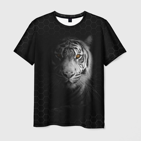 Мужская футболка 3D с принтом Тигр черно белый соты в Екатеринбурге, 100% полиэфир | прямой крой, круглый вырез горловины, длина до линии бедер | tiger | восточный тигр | год тигра | кошка | тигр | тигренок | хищник