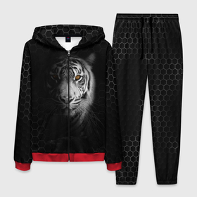 Мужской костюм 3D с принтом Тигр черно-белый соты , 100% полиэстер | Манжеты и пояс оформлены тканевой резинкой, двухслойный капюшон со шнурком для регулировки, карманы спереди | tiger | восточный тигр | год тигра | кошка | тигр | тигренок | хищник