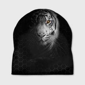Шапка 3D с принтом Тигр черно белый соты , 100% полиэстер | универсальный размер, печать по всей поверхности изделия | tiger | восточный тигр | год тигра | кошка | тигр | тигренок | хищник