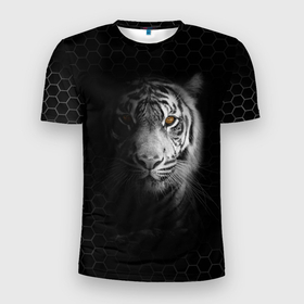 Мужская футболка 3D Slim с принтом Тигр черно белый соты , 100% полиэстер с улучшенными характеристиками | приталенный силуэт, круглая горловина, широкие плечи, сужается к линии бедра | tiger | восточный тигр | год тигра | кошка | тигр | тигренок | хищник