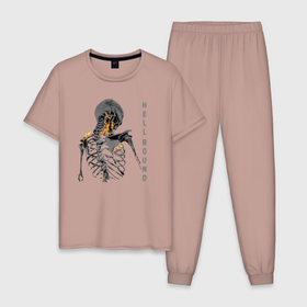 Мужская пижама хлопок с принтом Hellbound , 100% хлопок | брюки и футболка прямого кроя, без карманов, на брюках мягкая резинка на поясе и по низу штанин
 | Тематика изображения на принте: надпись | огонь | ребра | скелет | спина