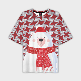 Мужская футболка oversize 3D с принтом Белый мишка в шапочке и шарфе в Курске,  |  | белый медведь | гусиная лапка | животное | зима | медведь | новый год | узор