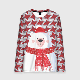 Мужской лонгслив 3D с принтом Белый мишка в шапочке и шарфе в Курске, 100% полиэстер | длинные рукава, круглый вырез горловины, полуприлегающий силуэт | белый медведь | гусиная лапка | животное | зима | медведь | новый год | узор