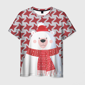 Мужская футболка 3D с принтом Белый мишка в шапочке и шарфе , 100% полиэфир | прямой крой, круглый вырез горловины, длина до линии бедер | Тематика изображения на принте: белый медведь | гусиная лапка | животное | зима | медведь | новый год | узор