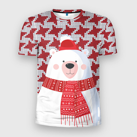 Мужская футболка 3D Slim с принтом Белый мишка в шапочке и шарфе в Тюмени, 100% полиэстер с улучшенными характеристиками | приталенный силуэт, круглая горловина, широкие плечи, сужается к линии бедра | белый медведь | гусиная лапка | животное | зима | медведь | новый год | узор