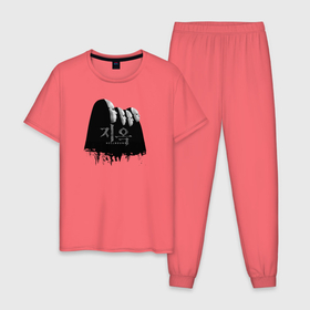 Мужская пижама хлопок с принтом Спонсоры Hellbound в Екатеринбурге, 100% хлопок | брюки и футболка прямого кроя, без карманов, на брюках мягкая резинка на поясе и по низу штанин
 | люди | маски | надпись | название | спонсоры
