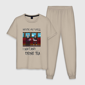 Мужская пижама хлопок с принтом Безликий Бог и Joey Jordison пьют чай в Новосибирске, 100% хлопок | брюки и футболка прямого кроя, без карманов, на брюках мягкая резинка на поясе и по низу штанин
 | joey jordison | slipknot | аниме | безликий бог | бог каонаси | унесенные призраками | чаепитие