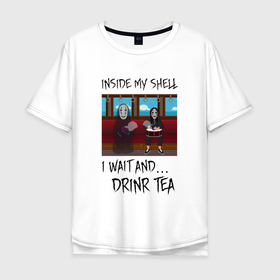 Мужская футболка хлопок Oversize с принтом Безликий Бог и Joey Jordison пьют чай в Курске, 100% хлопок | свободный крой, круглый ворот, “спинка” длиннее передней части | Тематика изображения на принте: joey jordison | slipknot | аниме | безликий бог | бог каонаси | унесенные призраками | чаепитие