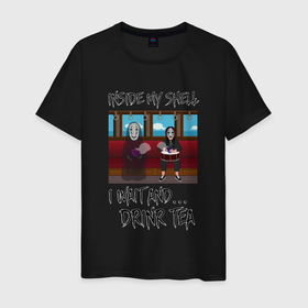 Мужская футболка хлопок с принтом Безликий Бог и Joey Jordison пьют чай в Санкт-Петербурге, 100% хлопок | прямой крой, круглый вырез горловины, длина до линии бедер, слегка спущенное плечо. | Тематика изображения на принте: joey jordison | slipknot | аниме | безликий бог | бог каонаси | унесенные призраками | чаепитие