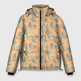 Мужская зимняя куртка 3D с принтом Тигры на оранжевом паттерн в Новосибирске, верх — 100% полиэстер; подкладка — 100% полиэстер; утеплитель — 100% полиэстер | длина ниже бедра, свободный силуэт Оверсайз. Есть воротник-стойка, отстегивающийся капюшон и ветрозащитная планка. 

Боковые карманы с листочкой на кнопках и внутренний карман на молнии. | tiger | восточный тигр | год тигра | кошка | паттерн | тигр | тигренок | хищник
