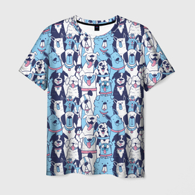 Мужская футболка 3D с принтом Забавные Пёсели паттерн   Funny Dogs pattern , 100% полиэфир | прямой крой, круглый вырез горловины, длина до линии бедер | dog | бульдог | далматинец | йорк | мопс | песик | порода | смешной | собака