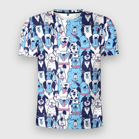Мужская футболка 3D Slim с принтом Забавные Пёсели паттерн   Funny Dogs pattern в Новосибирске, 100% полиэстер с улучшенными характеристиками | приталенный силуэт, круглая горловина, широкие плечи, сужается к линии бедра | dog | бульдог | далматинец | йорк | мопс | песик | порода | смешной | собака