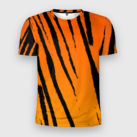 Мужская футболка 3D Slim с принтом Шкура тигра (диагональ) в Санкт-Петербурге, 100% полиэстер с улучшенными характеристиками | приталенный силуэт, круглая горловина, широкие плечи, сужается к линии бедра | tiger | восточный тигр | год тигра | кошка | тигр | тигренок | хищник | шерсть тигра