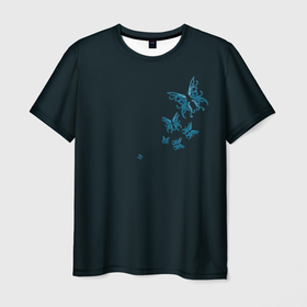 Мужская футболка 3D с принтом Стая неоновых бабочек в Санкт-Петербурге, 100% полиэфир | прямой крой, круглый вырез горловины, длина до линии бедер | бабочки | красота | насекомые | натуралист | необычные принты | неон | ночное | природа | светящиеся