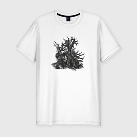 Мужская футболка хлопок Slim с принтом Лесное чудовище в Белгороде, 92% хлопок, 8% лайкра | приталенный силуэт, круглый вырез ворота, длина до линии бедра, короткий рукав | арт | дерево | лес | монстр | природа | страшный | хоррор | чудовище