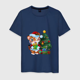 Мужская футболка хлопок с принтом Тигрины подарки , 100% хлопок | прямой крой, круглый вырез горловины, длина до линии бедер, слегка спущенное плечо. | new year | арт | графика | елка | зима | новый год | рождество | тигр