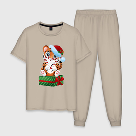 Мужская пижама хлопок с принтом Тигрино сердце в Тюмени, 100% хлопок | брюки и футболка прямого кроя, без карманов, на брюках мягкая резинка на поясе и по низу штанин
 | Тематика изображения на принте: new year | арт | графика | зима | новый год | рождество | тигр