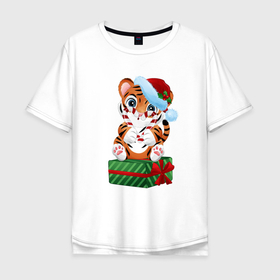 Мужская футболка хлопок Oversize с принтом Тигрино сердце в Тюмени, 100% хлопок | свободный крой, круглый ворот, “спинка” длиннее передней части | new year | арт | графика | зима | новый год | рождество | тигр