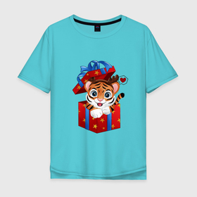 Мужская футболка хлопок Oversize с принтом Тигрин сюрприз в Кировске, 100% хлопок | свободный крой, круглый ворот, “спинка” длиннее передней части | new year | арт | графика | зима | новый год | подарок | рождество | тигр