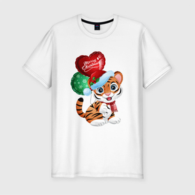 Мужская футболка хлопок Slim с принтом Тигрин шарик в Тюмени, 92% хлопок, 8% лайкра | приталенный силуэт, круглый вырез ворота, длина до линии бедра, короткий рукав | Тематика изображения на принте: new year | арт | графика | зима | новый год | рождество