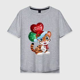 Мужская футболка хлопок Oversize с принтом Тигрин шарик в Санкт-Петербурге, 100% хлопок | свободный крой, круглый ворот, “спинка” длиннее передней части | new year | арт | графика | зима | новый год | рождество