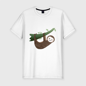 Мужская футболка хлопок Slim с принтом Ленивец на ветке в Кировске, 92% хлопок, 8% лайкра | приталенный силуэт, круглый вырез ворота, длина до линии бедра, короткий рукав | джунгли | животное | животные | звери | зверь | ленивец | тропики | экзотика