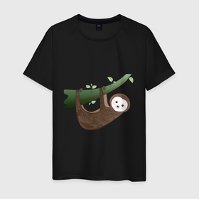 Мужская футболка хлопок с принтом Ленивец на ветке в Екатеринбурге, 100% хлопок | прямой крой, круглый вырез горловины, длина до линии бедер, слегка спущенное плечо. | джунгли | животное | животные | звери | зверь | ленивец | тропики | экзотика