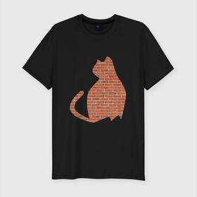Мужская футболка хлопок Slim с принтом Кирпичный кот в Тюмени, 92% хлопок, 8% лайкра | приталенный силуэт, круглый вырез ворота, длина до линии бедра, короткий рукав | домашнее животное | животное | кирпич | кот | кошка | питомец | силуэт | стена