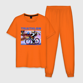 Мужская пижама хлопок с принтом Триспорт в Белгороде, 100% хлопок | брюки и футболка прямого кроя, без карманов, на брюках мягкая резинка на поясе и по низу штанин
 | bike | run | swim | triathlon | triatlon | бег | велогонщик | велоспорт | выносливость | картина | краска | плавание | триатлон