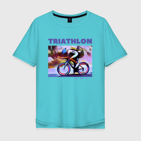 Мужская футболка хлопок Oversize с принтом Триспорт в Екатеринбурге, 100% хлопок | свободный крой, круглый ворот, “спинка” длиннее передней части | Тематика изображения на принте: bike | run | swim | triathlon | triatlon | бег | велогонщик | велоспорт | выносливость | картина | краска | плавание | триатлон
