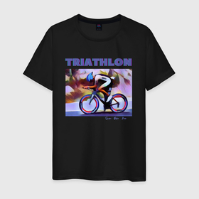 Мужская футболка хлопок с принтом Триспорт в Санкт-Петербурге, 100% хлопок | прямой крой, круглый вырез горловины, длина до линии бедер, слегка спущенное плечо. | bike | run | swim | triathlon | triatlon | бег | велогонщик | велоспорт | выносливость | картина | краска | плавание | триатлон