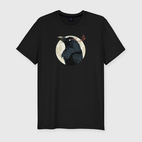 Мужская футболка хлопок Slim с принтом Ворон на фоне луны в Петрозаводске, 92% хлопок, 8% лайкра | приталенный силуэт, круглый вырез ворота, длина до линии бедра, короткий рукав | авторский принт | ворон | ворона | готика | готы | иллюстрация | клюв | луна | полнолуние | птица | эзотерика