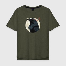 Мужская футболка хлопок Oversize с принтом Ворон на фоне луны в Екатеринбурге, 100% хлопок | свободный крой, круглый ворот, “спинка” длиннее передней части | авторский принт | ворон | ворона | готика | готы | иллюстрация | клюв | луна | полнолуние | птица | эзотерика