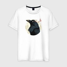 Мужская футболка хлопок с принтом Ворон на фоне луны в Кировске, 100% хлопок | прямой крой, круглый вырез горловины, длина до линии бедер, слегка спущенное плечо. | авторский принт | ворон | ворона | готика | готы | иллюстрация | клюв | луна | полнолуние | птица | эзотерика
