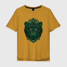 Мужская футболка хлопок Oversize с принтом Голова медведя в геометрии , 100% хлопок | свободный крой, круглый ворот, “спинка” длиннее передней части | Тематика изображения на принте: геометрия | зеленый | индейцы | медведь | россия | русский | симметрия | эзотерика