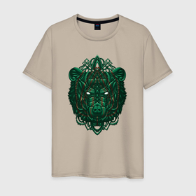 Мужская футболка хлопок с принтом Голова медведя в геометрии в Екатеринбурге, 100% хлопок | прямой крой, круглый вырез горловины, длина до линии бедер, слегка спущенное плечо. | геометрия | зеленый | индейцы | медведь | россия | русский | симметрия | эзотерика