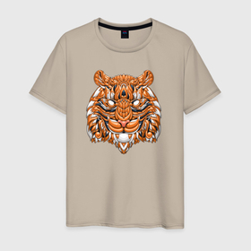 Мужская футболка хлопок с принтом Голова тигра в геометрии в Белгороде, 100% хлопок | прямой крой, круглый вырез горловины, длина до линии бедер, слегка спущенное плечо. | 2022 | авторский принт | год тигра | голова тигра | иллюстрация | кот | полосатый | тигр | хищник