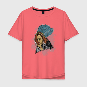 Мужская футболка хлопок Oversize с принтом Индейская девушка с перьями в Курске, 100% хлопок | свободный крой, круглый ворот, “спинка” длиннее передней части | Тематика изображения на принте: авторский принт | девушка | женщина | иллюстрация | индеец | индейцы | индеянка | перья | племя