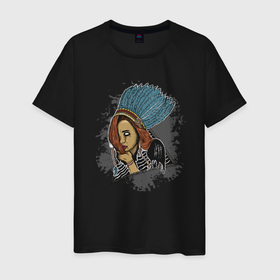 Мужская футболка хлопок с принтом Индейская девушка с перьями в Новосибирске, 100% хлопок | прямой крой, круглый вырез горловины, длина до линии бедер, слегка спущенное плечо. | Тематика изображения на принте: авторский принт | девушка | женщина | иллюстрация | индеец | индейцы | индеянка | перья | племя