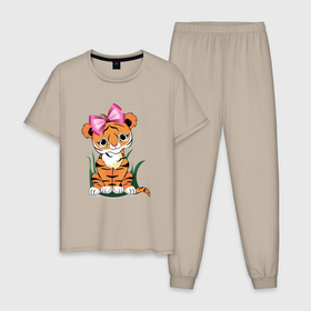Мужская пижама хлопок с принтом Тигр девочка в Петрозаводске, 100% хлопок | брюки и футболка прямого кроя, без карманов, на брюках мягкая резинка на поясе и по низу штанин
 | 2022 | бант | год тигра | девочка | для девочек | иллюстрация | милая тигрица | новый год | подарок | праздник | с бантом | тигр девочка | тигренок | тигрица