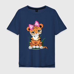 Мужская футболка хлопок Oversize с принтом Тигр девочка в Тюмени, 100% хлопок | свободный крой, круглый ворот, “спинка” длиннее передней части | 2022 | бант | год тигра | девочка | для девочек | иллюстрация | милая тигрица | новый год | подарок | праздник | с бантом | тигр девочка | тигренок | тигрица