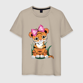 Мужская футболка хлопок с принтом Тигр девочка в Курске, 100% хлопок | прямой крой, круглый вырез горловины, длина до линии бедер, слегка спущенное плечо. | 2022 | бант | год тигра | девочка | для девочек | иллюстрация | милая тигрица | новый год | подарок | праздник | с бантом | тигр девочка | тигренок | тигрица