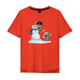 Мужская футболка хлопок Oversize с принтом Робин и Загадочник играют в снежки в Екатеринбурге, 100% хлопок | свободный крой, круглый ворот, “спинка” длиннее передней части | 014876 | batman | christmas | dc | dc comics | holidays | new year | riddler | robin | snowman | бэтмен | диси | загадочник | комиксы | новый год | праздник | риддлер | робин | рождество | снеговик | снежки