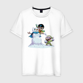 Мужская футболка хлопок с принтом Робин и Загадочник играют в снежки в Курске, 100% хлопок | прямой крой, круглый вырез горловины, длина до линии бедер, слегка спущенное плечо. | 014876 | batman | christmas | dc | dc comics | holidays | new year | riddler | robin | snowman | бэтмен | диси | загадочник | комиксы | новый год | праздник | риддлер | робин | рождество | снеговик | снежки