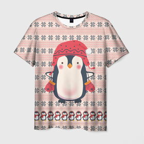 Мужская футболка 3D с принтом Милый пингвин в шапочке и варежках в Петрозаводске, 100% полиэфир | прямой крой, круглый вырез горловины, длина до линии бедер | вязанка | новый год | пингвин | птицы | узор