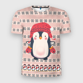 Мужская футболка 3D Slim с принтом Милый пингвин в шапочке и варежках в Кировске, 100% полиэстер с улучшенными характеристиками | приталенный силуэт, круглая горловина, широкие плечи, сужается к линии бедра | Тематика изображения на принте: вязанка | новый год | пингвин | птицы | узор