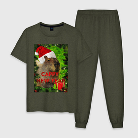 Мужская пижама хлопок с принтом Капибара   happy new year   capybara   новый год в Кировске, 100% хлопок | брюки и футболка прямого кроя, без карманов, на брюках мягкая резинка на поясе и по низу штанин
 | capybara | happy new year | капибара | новогодний | новогодняя | новый год | с новым годом
