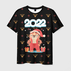 Мужская футболка 3D с принтом НГ ТИГРЕНОК   2022 НАСТУПАЕТ , 100% полиэфир | прямой крой, круглый вырез горловины, длина до линии бедер | 2022 | 2022 наступает | год | годом | дед | елка | зима | клаус | мороз | новогодний | новый | новым | праздник | рождество | рождеством | санта | снег | снежинки | снежный | тигр | тигра | тигренок | тигрица