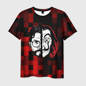 Мужская футболка 3D с принтом Бумажный Домик Шах и Мат в Санкт-Петербурге, 100% полиэфир | прямой крой, круглый вырез горловины, длина до линии бедер | бумага | два | красный | лица | маска | сериал | триллер | черный