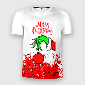 Мужская футболка 3D спортивная с принтом Merry Christmas Grinch в Курске, 100% полиэстер с улучшенными характеристиками | приталенный силуэт, круглая горловина, широкие плечи, сужается к линии бедра | 2022 | grinch | happy new year | merry christmas | год тигра | гринч | зима близко | нг | новогодний | новый год | новый год 2022 | рождество | снег | снежинки